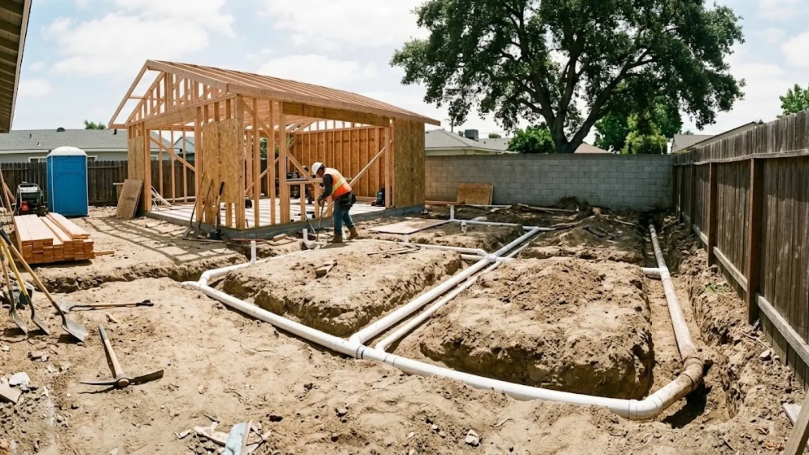 Backyard ADU framing with trenches and plumbing rough-in on a residential lot