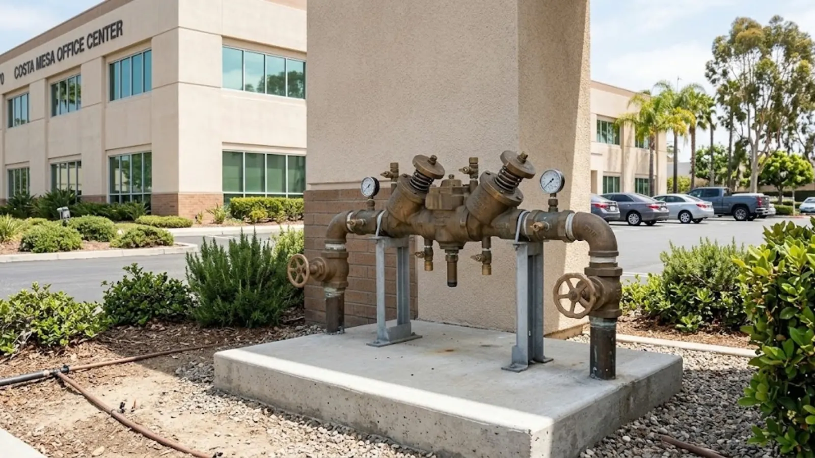 Backflow prevention assembly outside a commercial office building