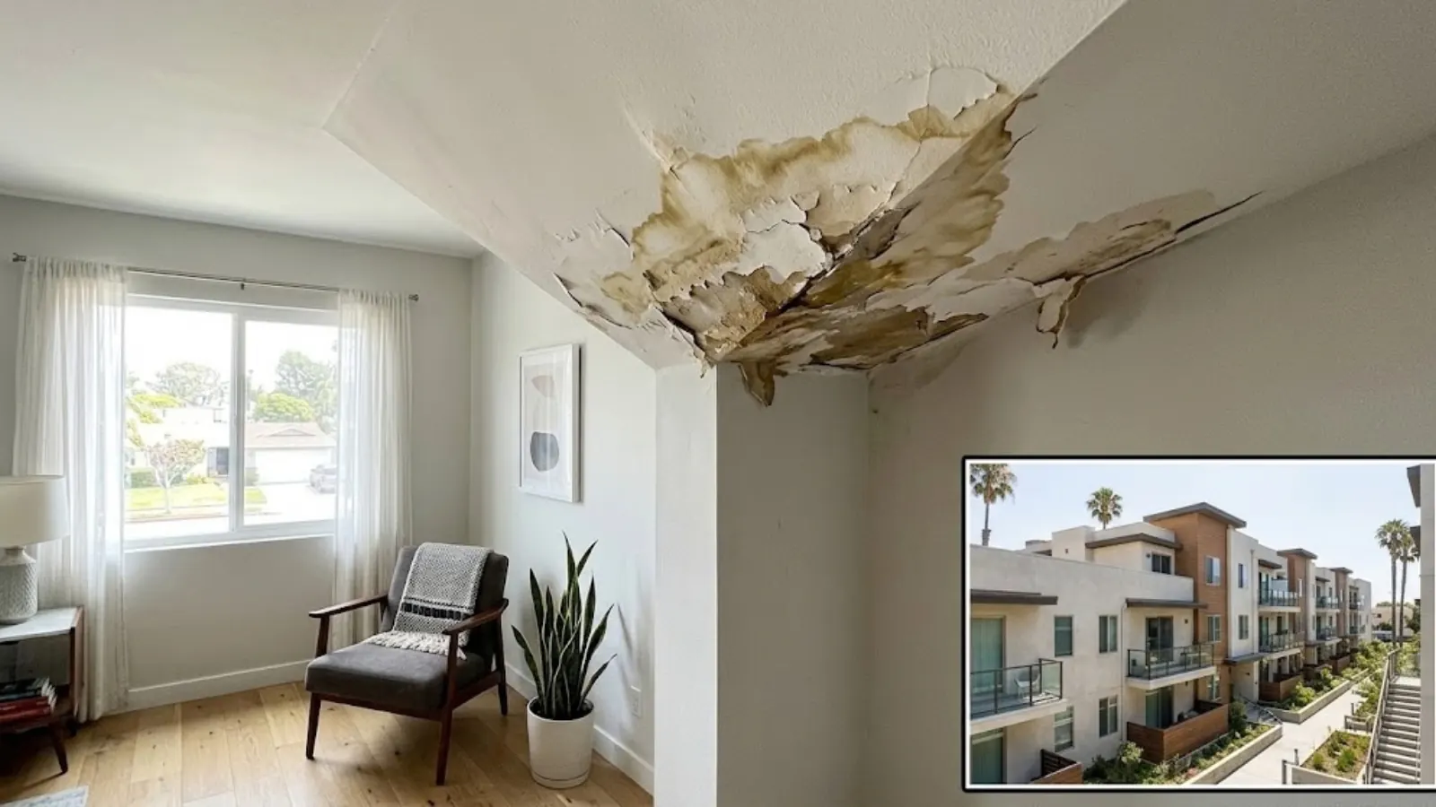 Water-damaged ceiling in a condo living room, with an inset of the condo building