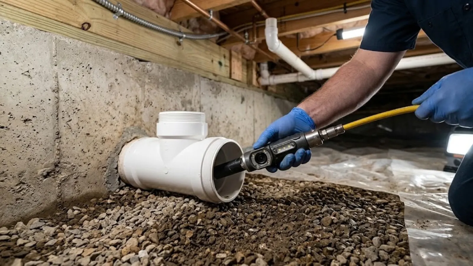 Inspection camera cable being fed into a sewer cleanout
