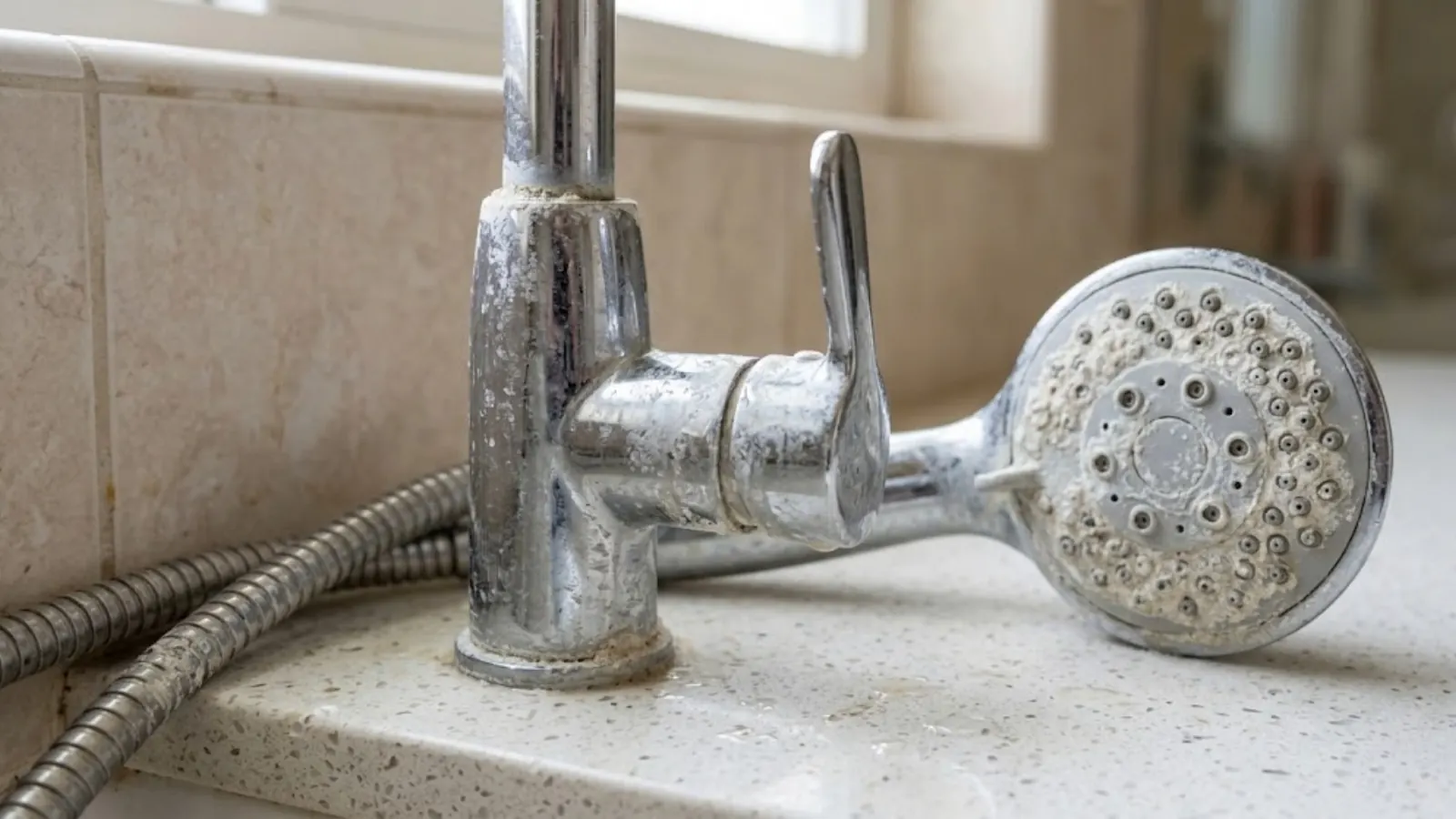 Hard water scale on a faucet and showerhead