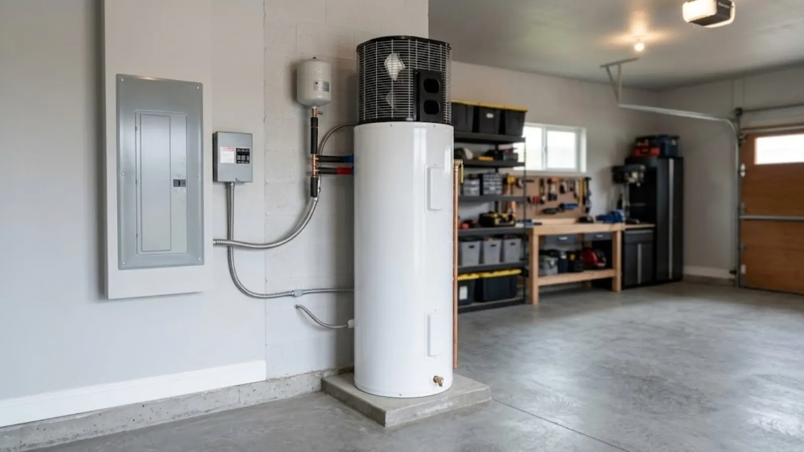Heat pump water heater installed in a clean garage next to the electrical panel