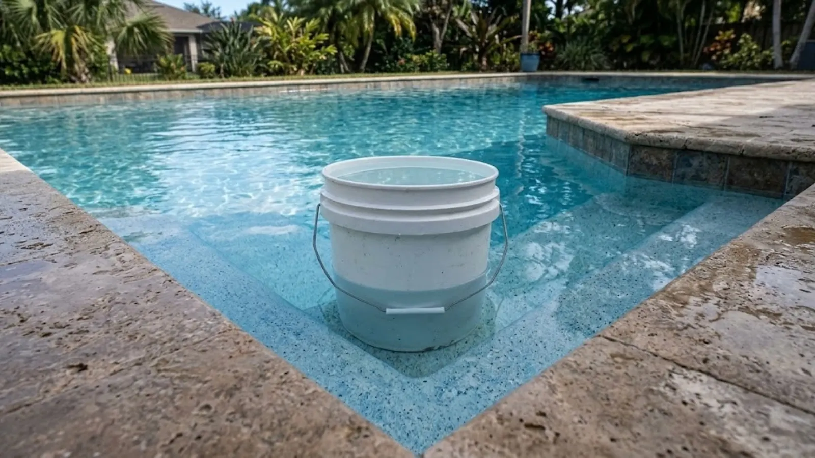 Bucket of water on a pool step for a bucket test