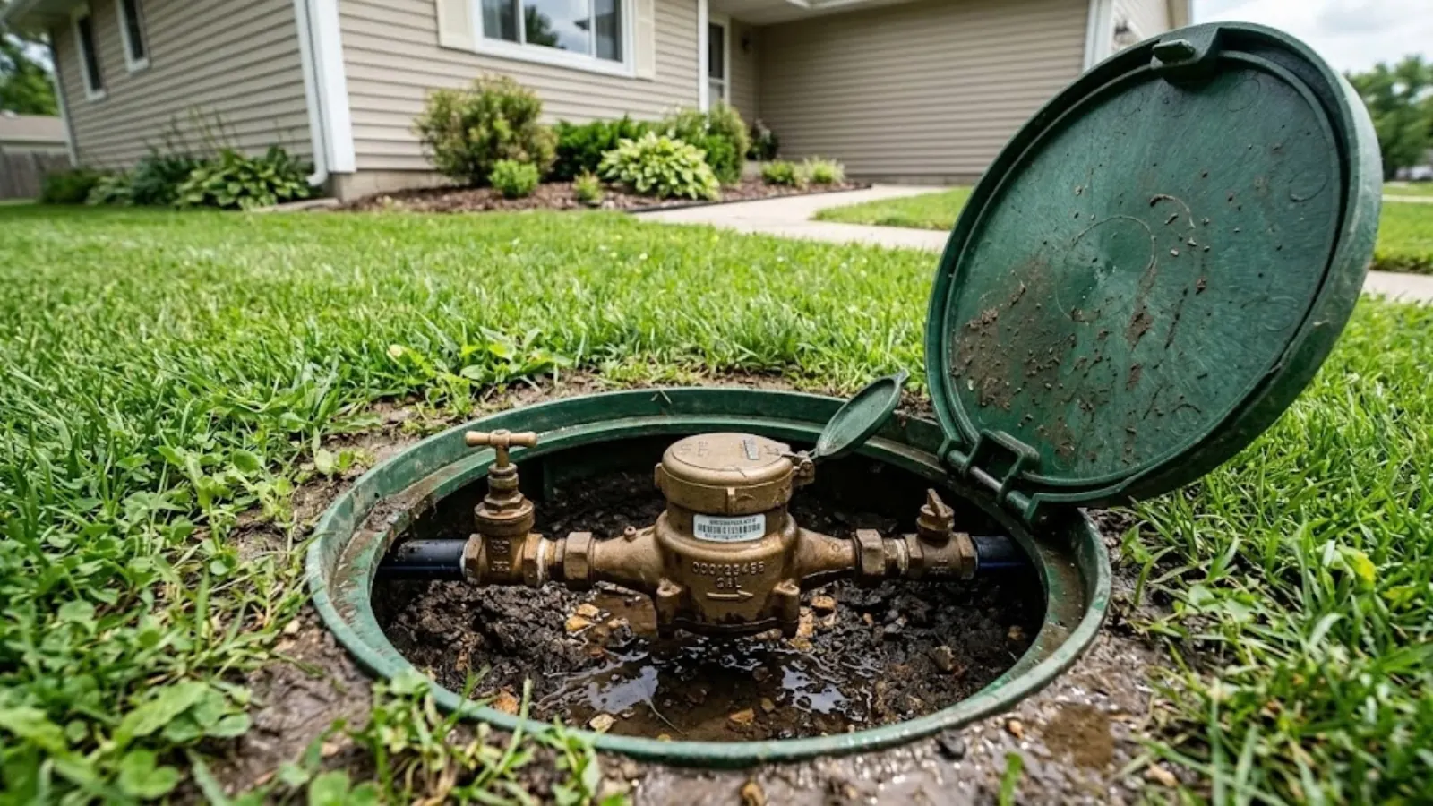 Open water meter box in a front lawn showing the meter and fittings