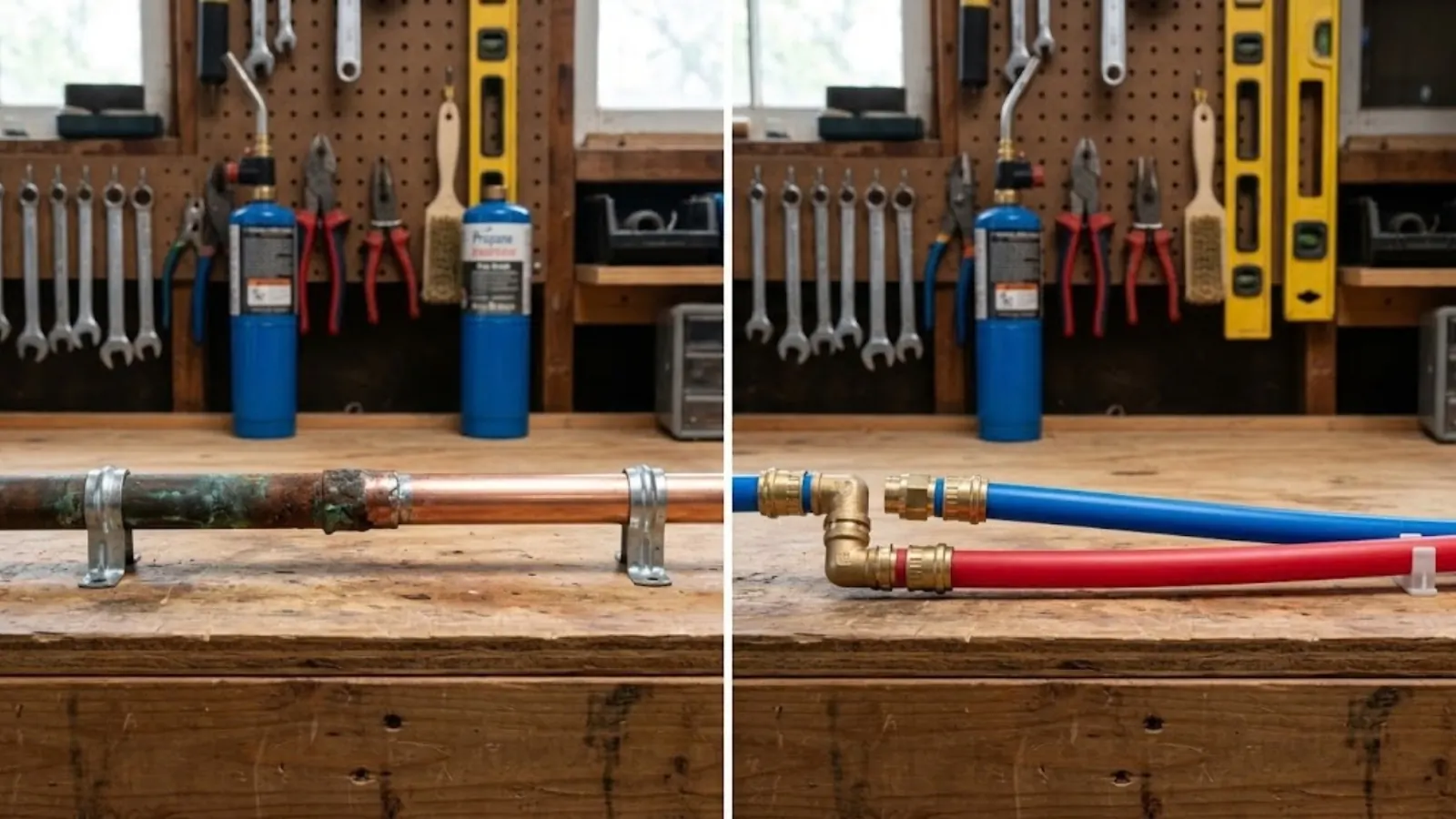 Copper pipe and PEX tubing shown side by side on a workbench