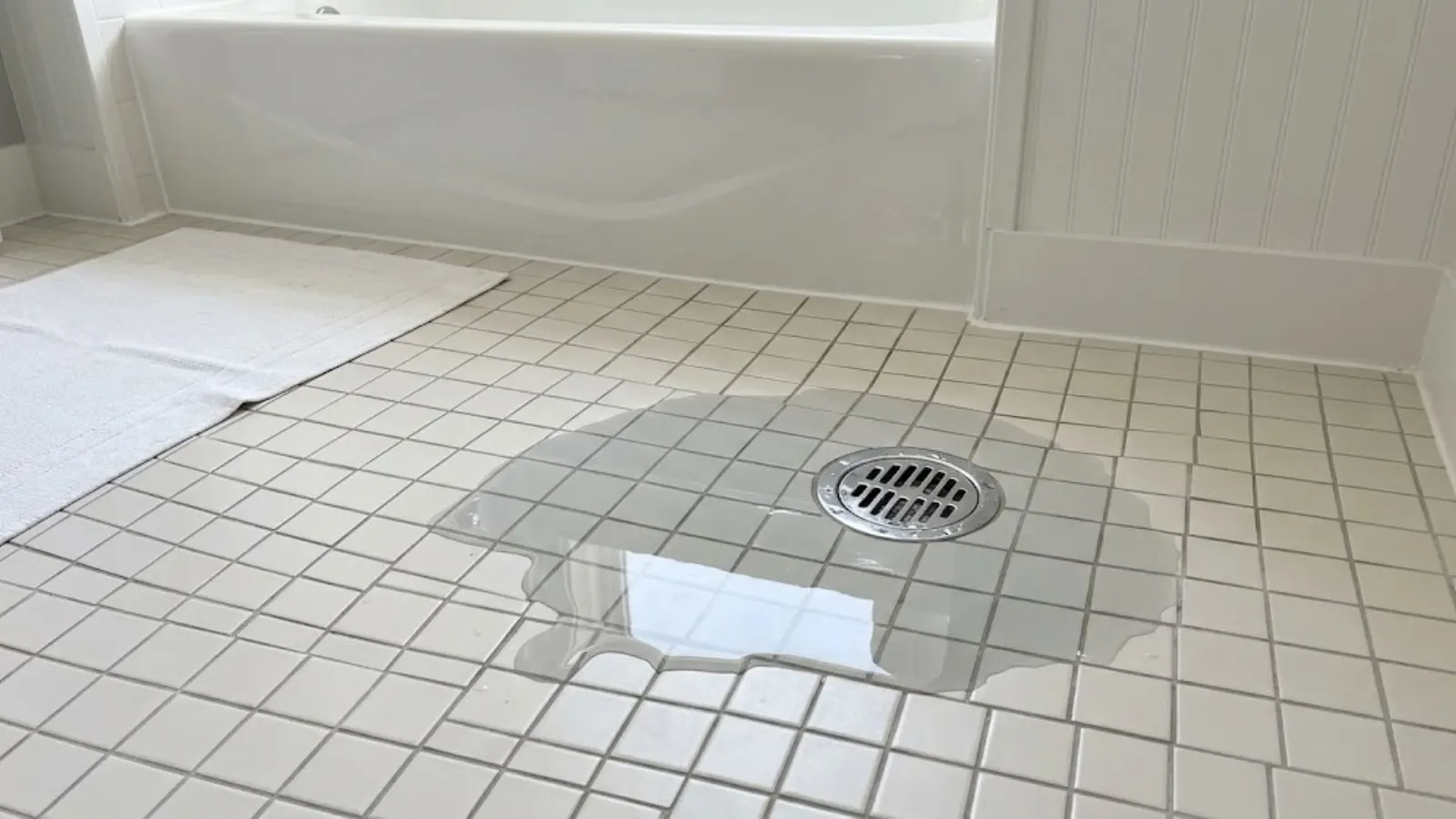 Water pooled around a floor drain in a tiled bathroom