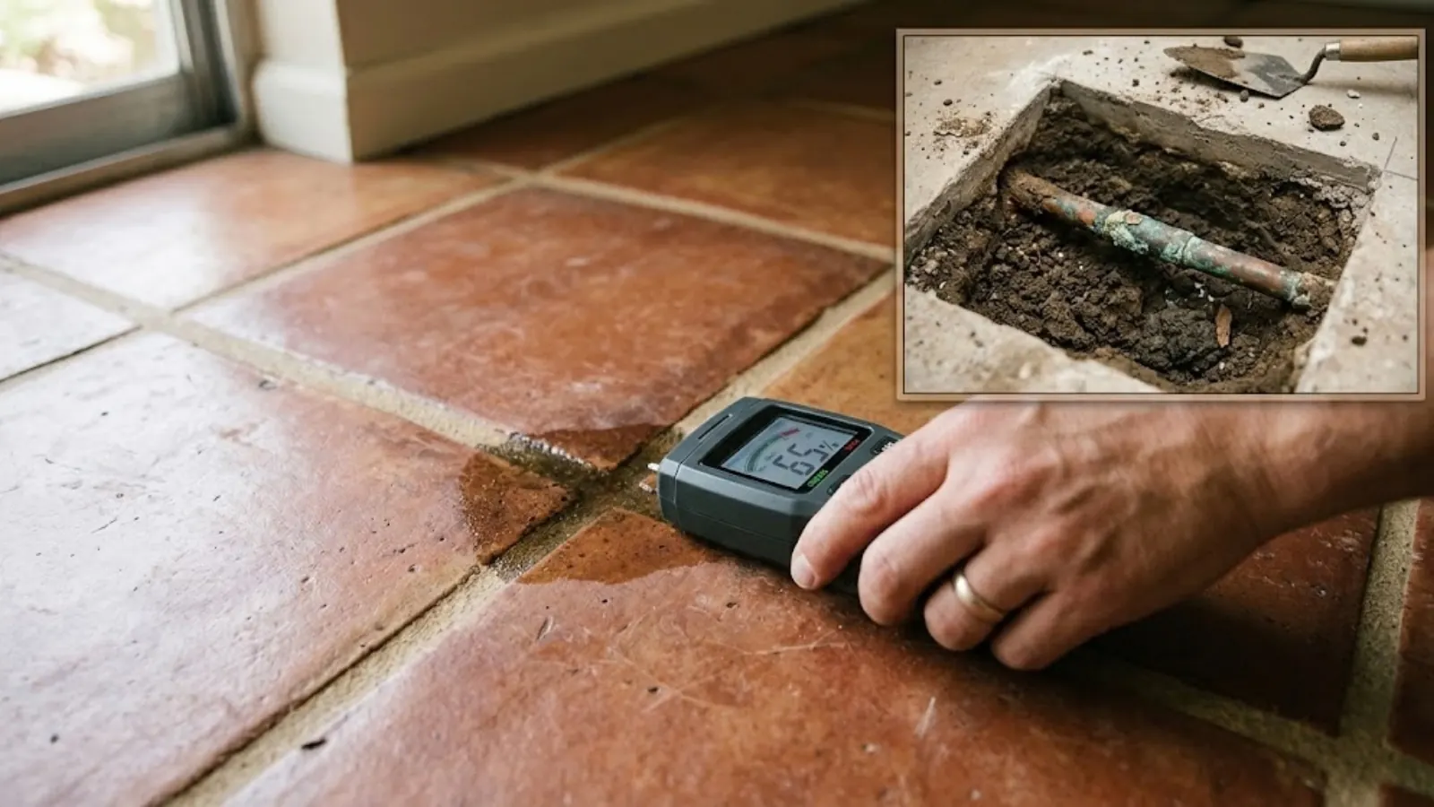 Moisture meter on a tile floor, with an inset of an exposed pipe under the slab
