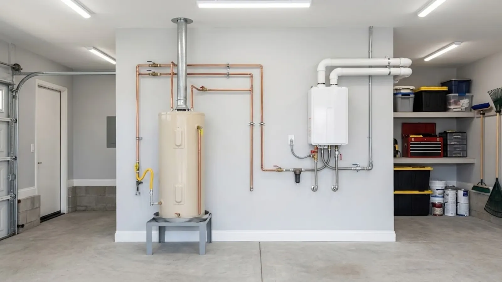 Tank water heater beside a wall-mounted tankless unit in a garage