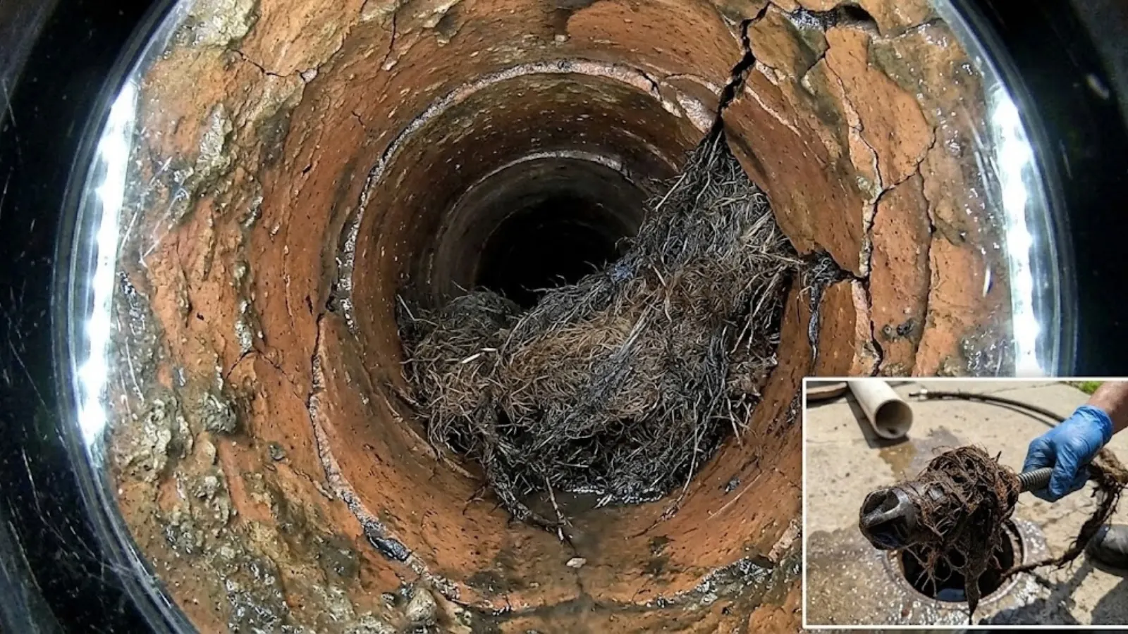 Camera view of tree roots growing inside a cracked clay sewer pipe