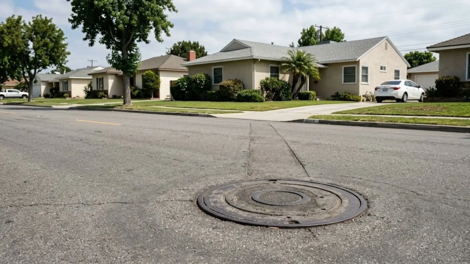 Sewer manhole cover in a residential street lined with ranch homes