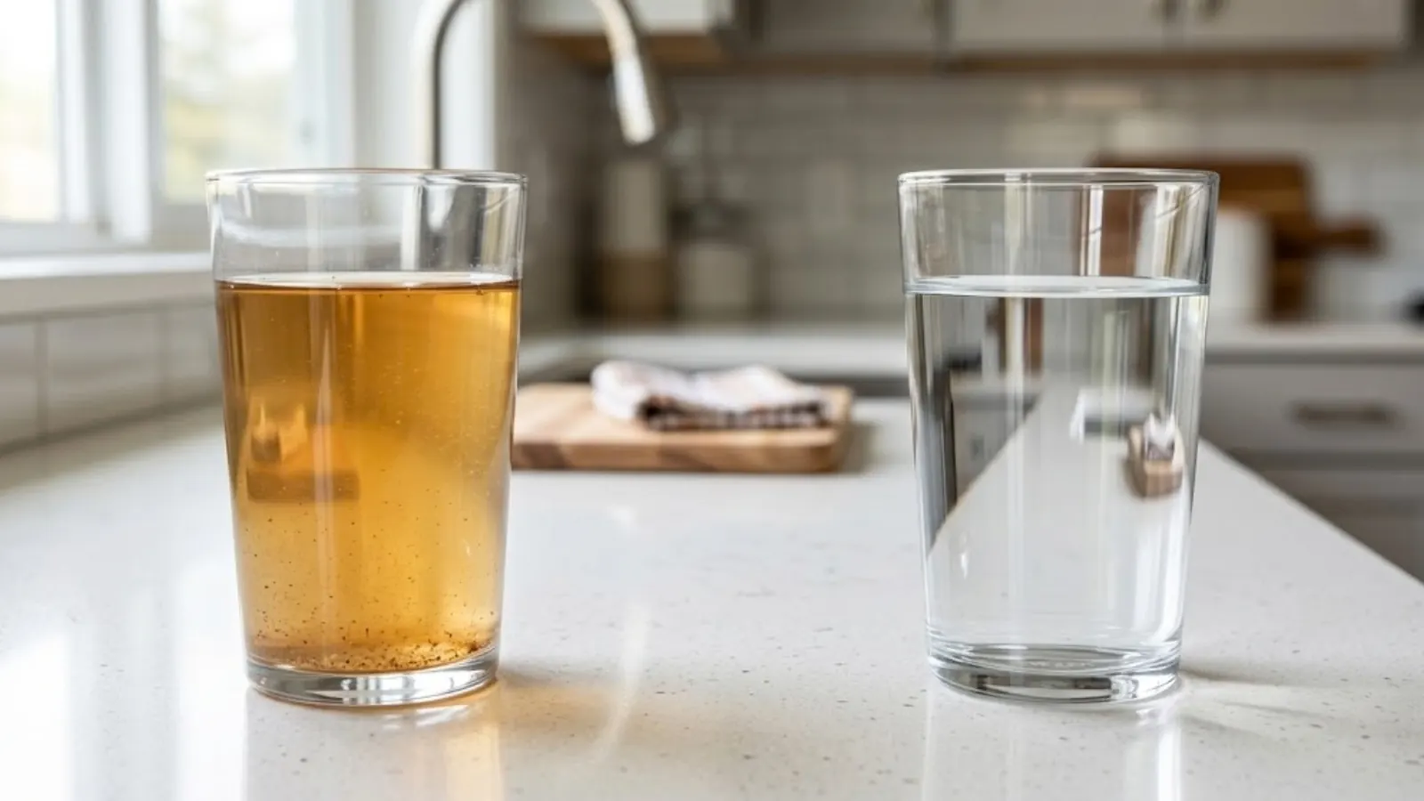 Glass of amber-tinted water next to a glass of clear tap water