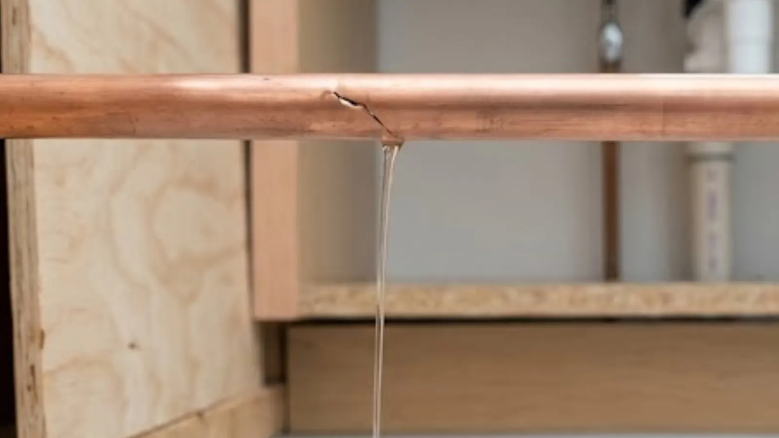 Split copper pipe leaking water inside an open wall