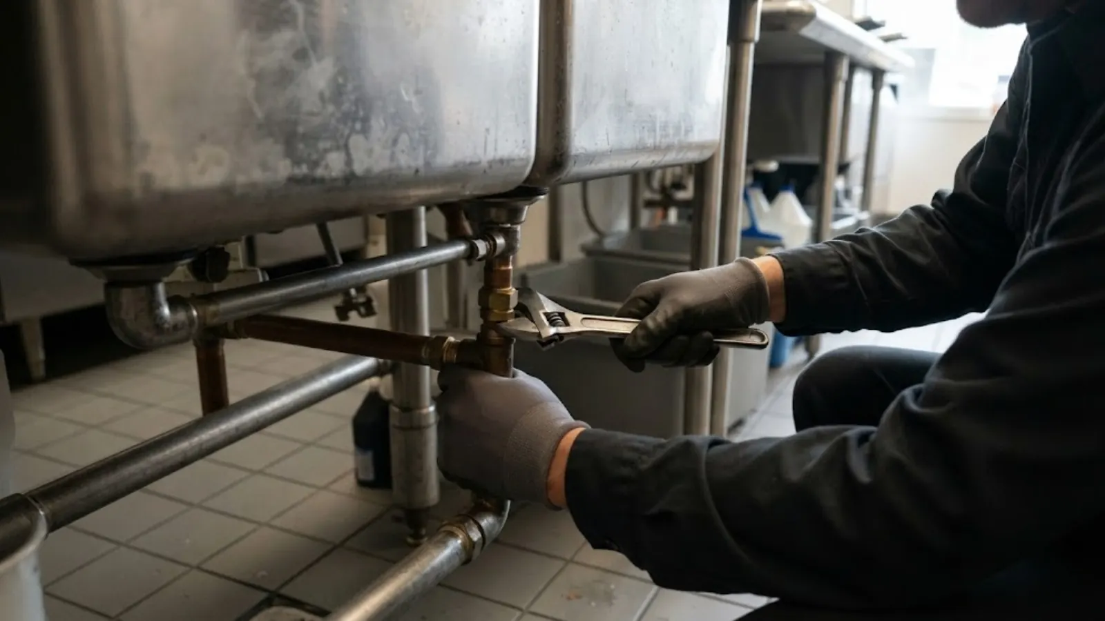 Plumber repairing the drain under a stainless steel commercial kitchen sink
