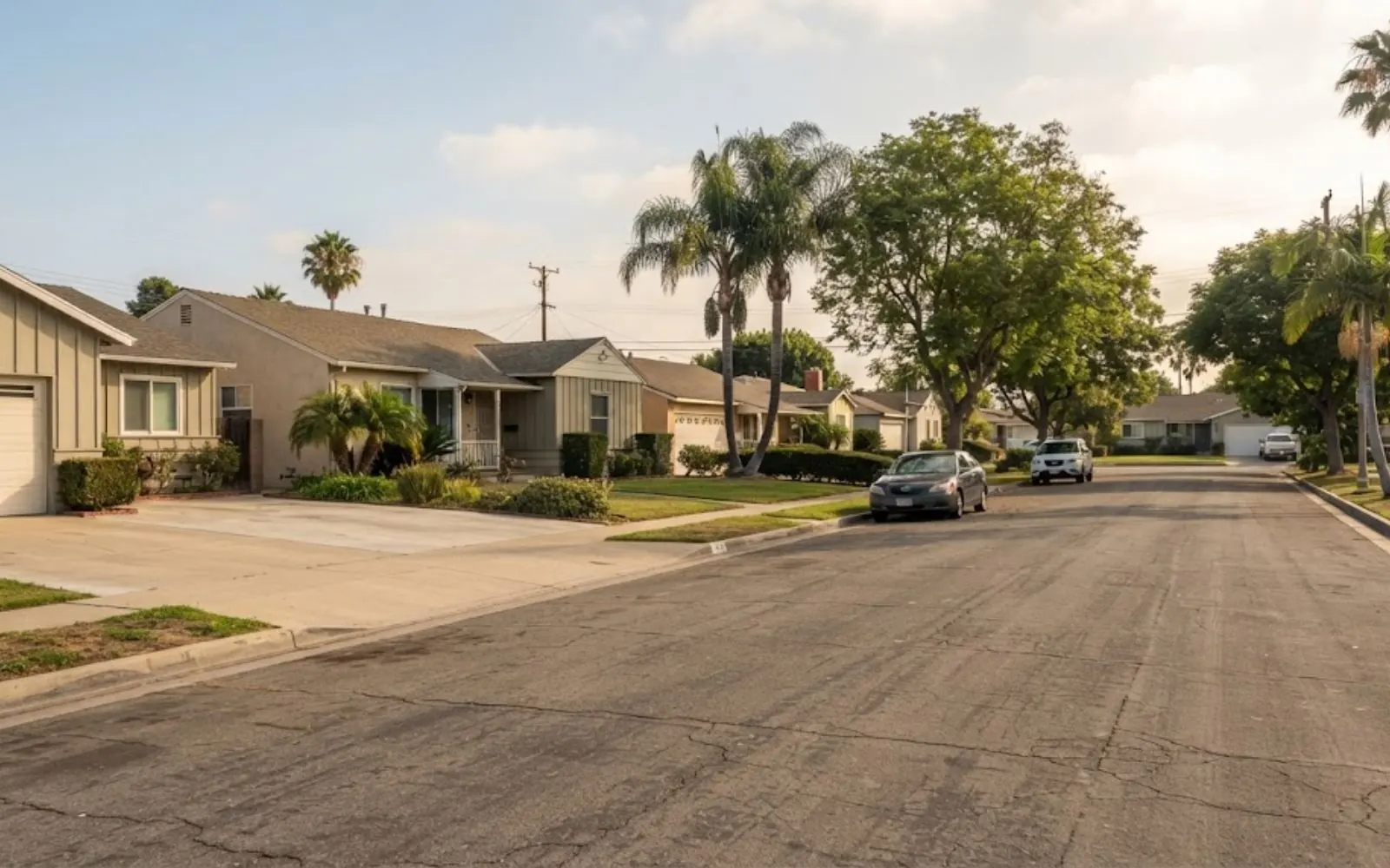 Street of single-story ranch homes with palm trees in Costa Mesa, CA