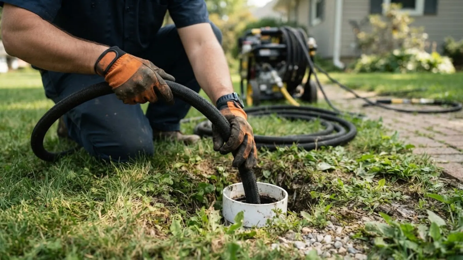 Plumber feeding a hydro jetting hose into an outdoor sewer cleanout