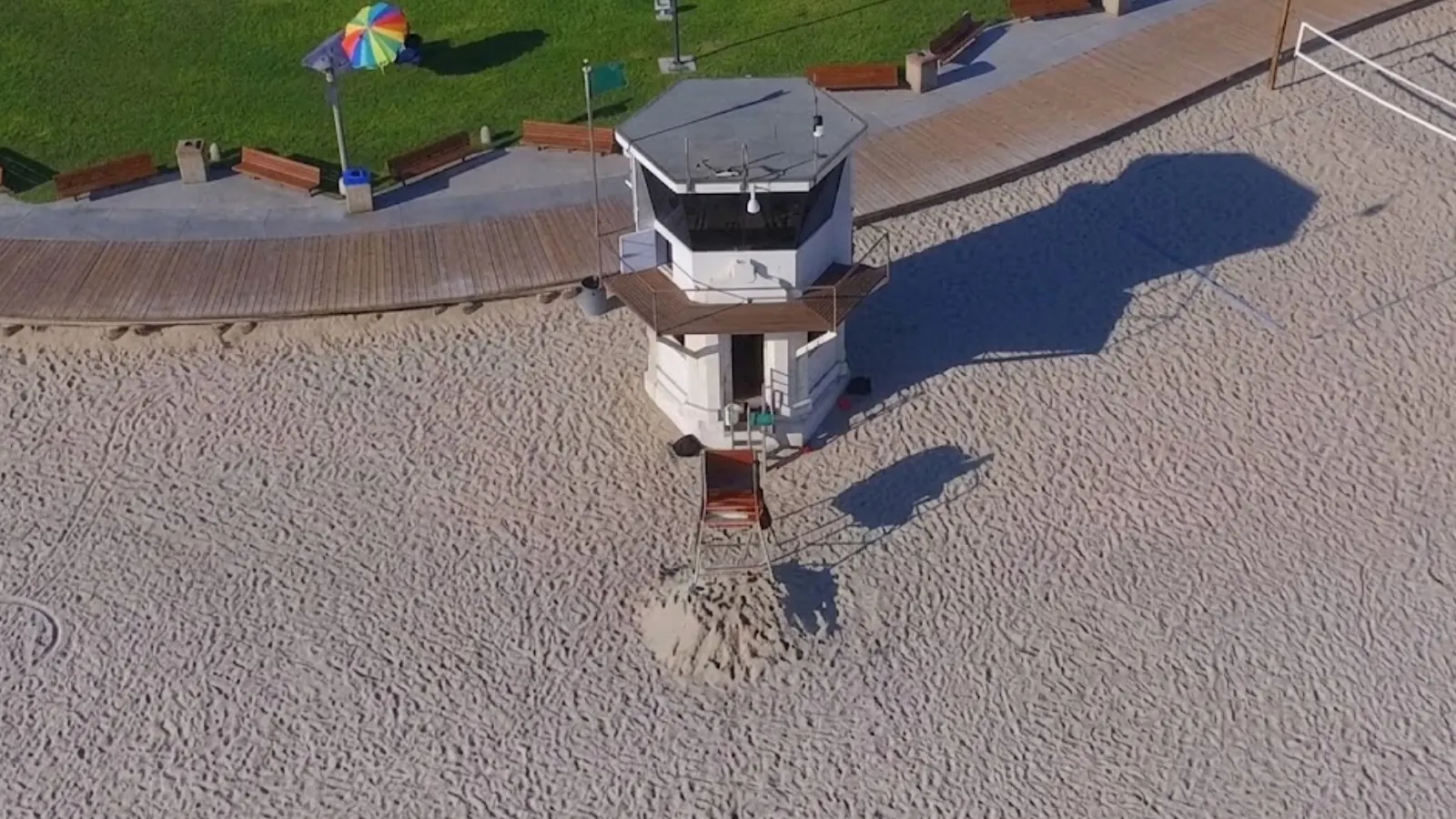 Lifeguard tower on the boardwalk at Main Beach in Laguna Beach, CA