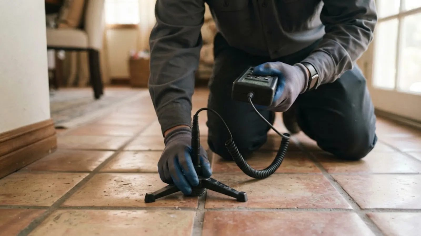 Technician using an acoustic leak detector on a tile floor to locate a hidden leak