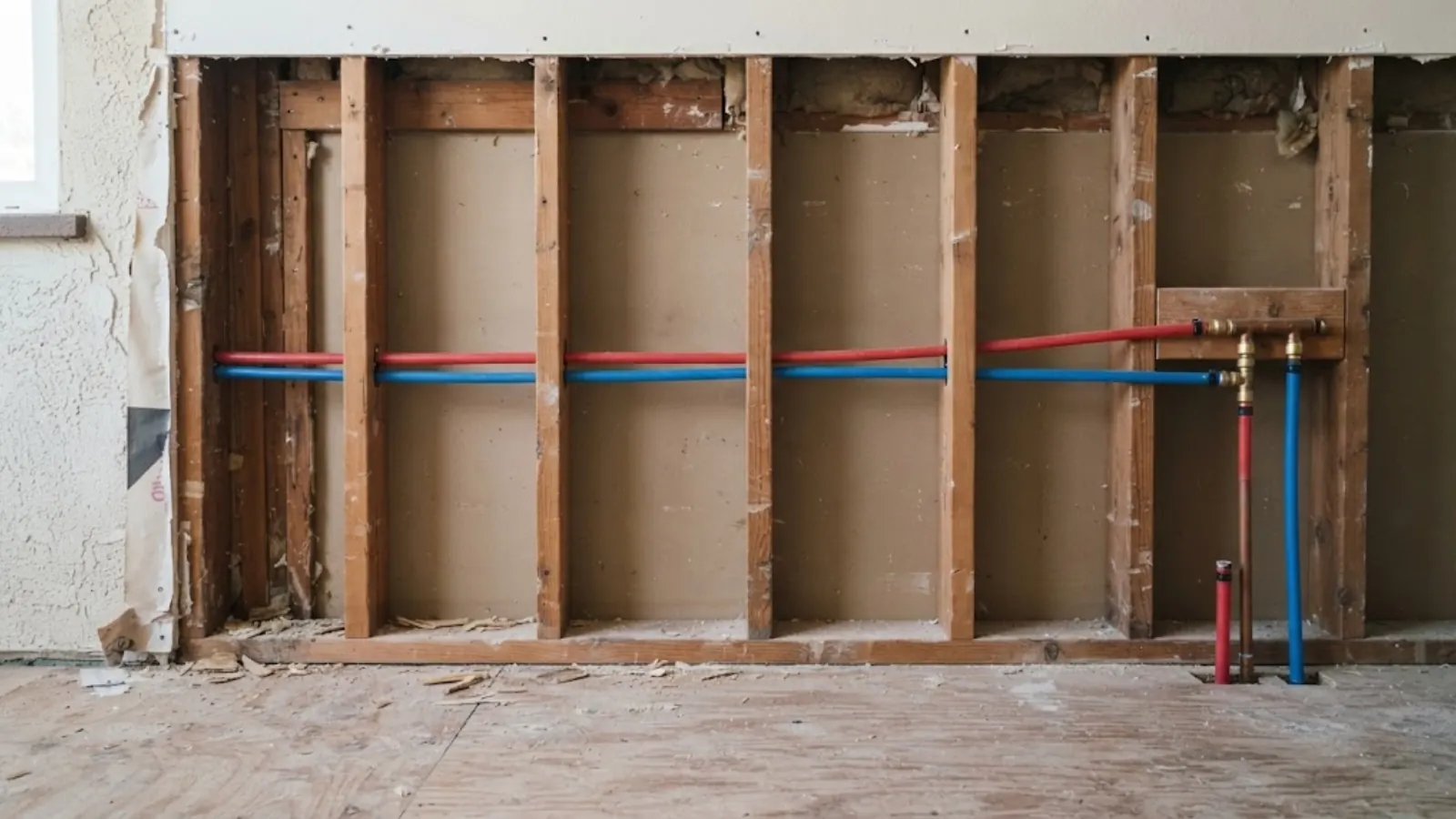 New PEX supply lines run through open wall studs during a whole-house repipe