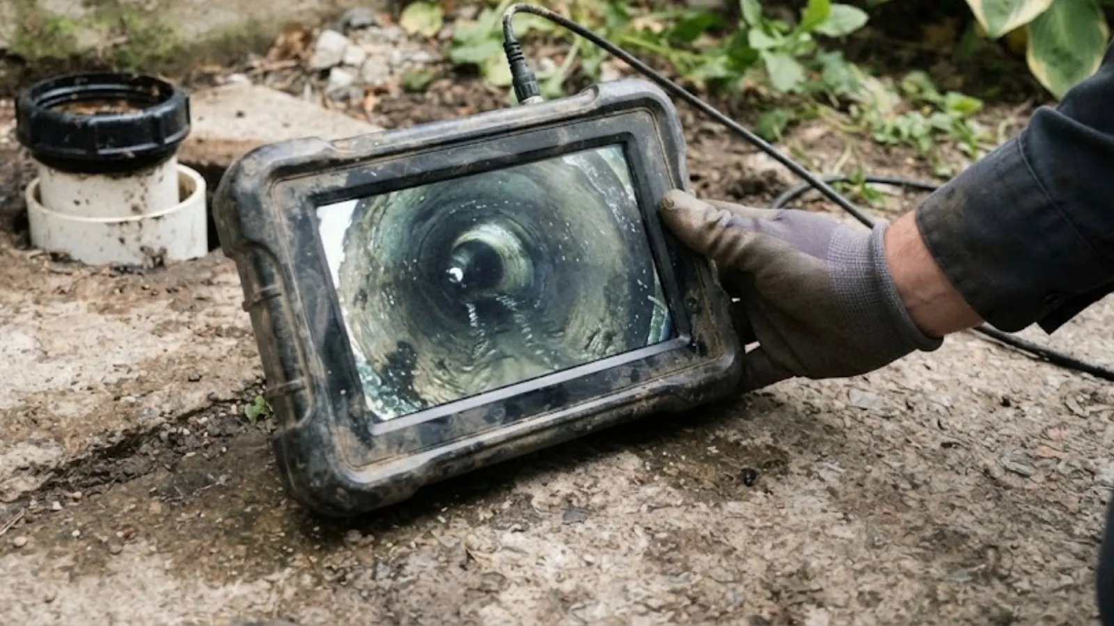 Sewer inspection monitor showing the inside of a lateral at an outdoor cleanout