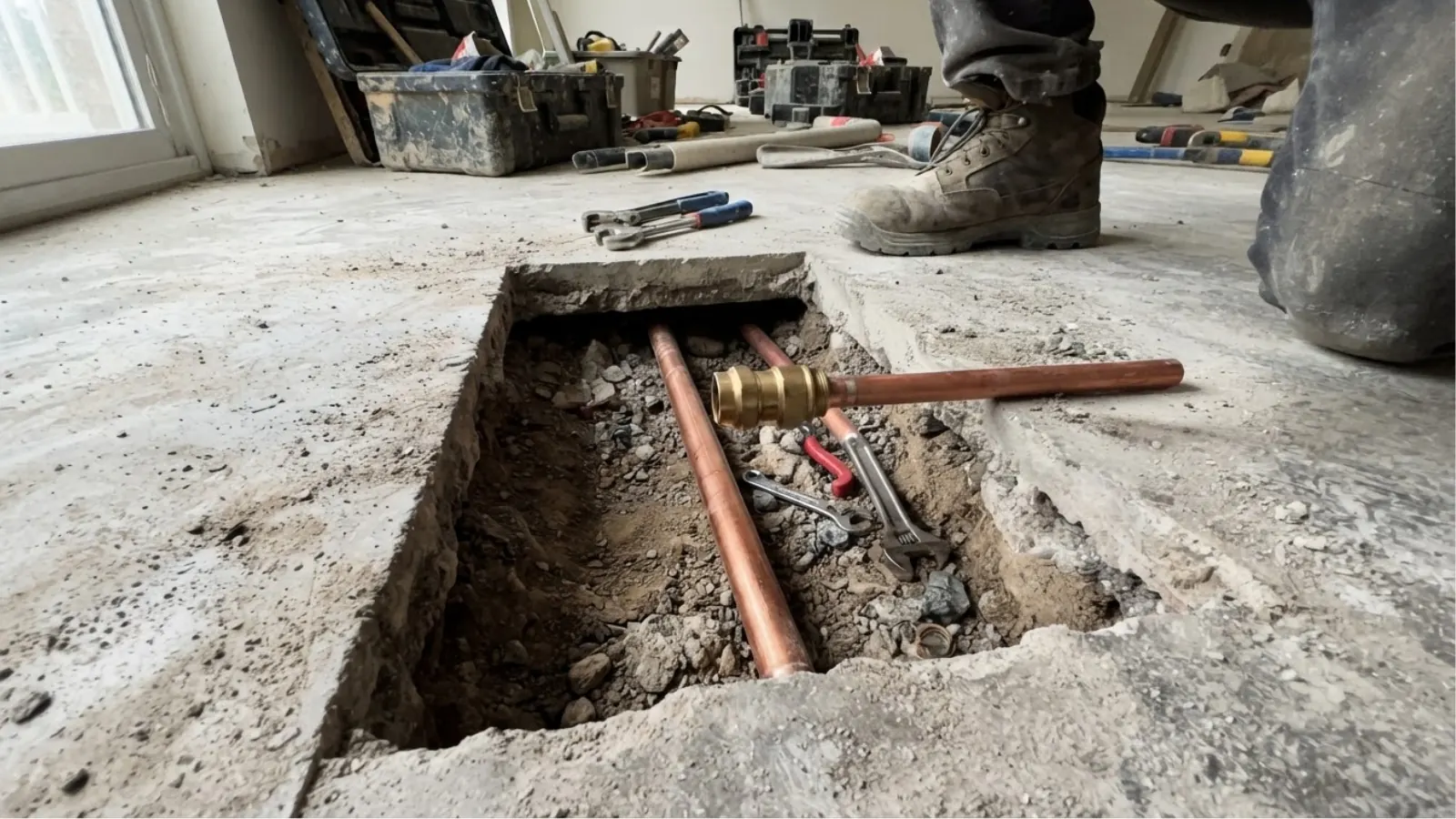 Concrete slab opened to expose a leaking copper water line