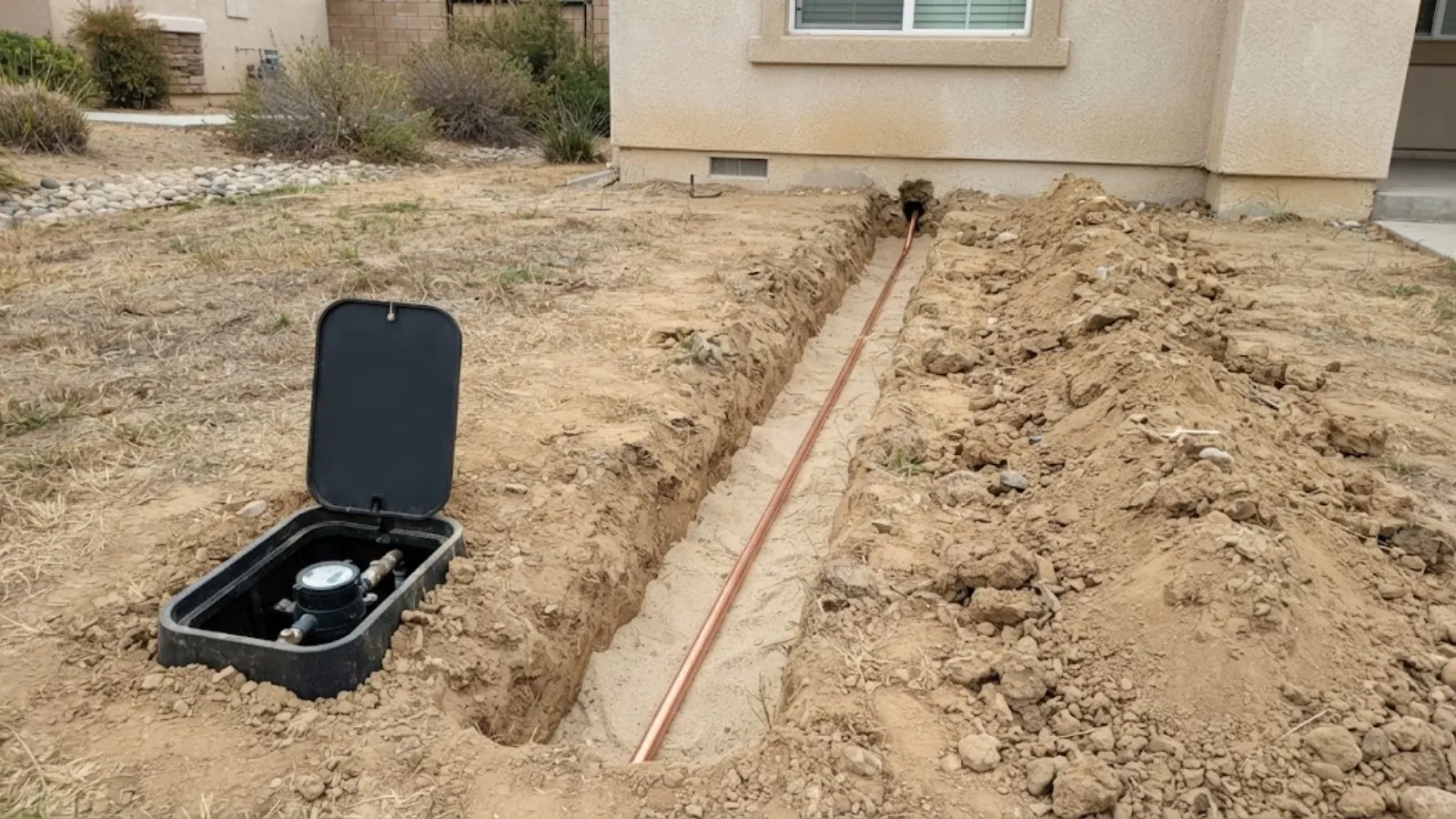 Trench from a water meter box toward a house for a new service line