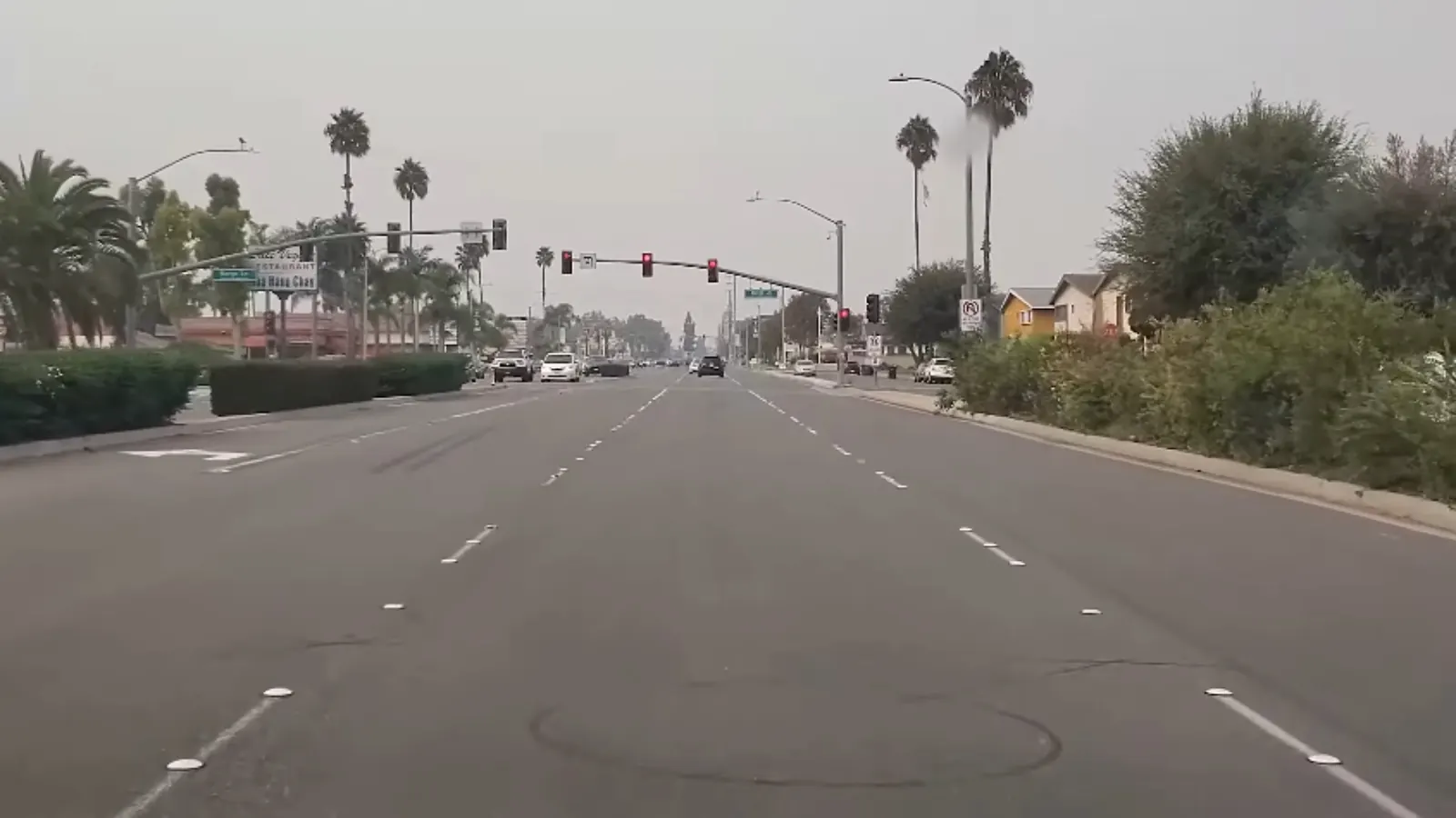 Wide palm-lined boulevard in Westminster, CA